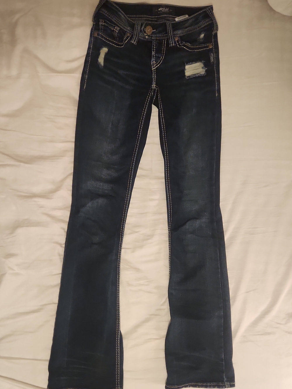 Silver Jeans Dark Blue Distressed Flare Jeans